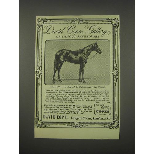 1949 David Cope Ltd. Ad - Gallery of Famous Racehorses Solario (1922)