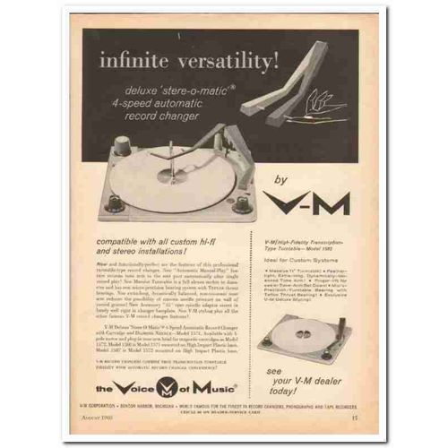 V-M CORP 1960 Deluxe Stere-O-Matic 4-speed record changer vintage ad