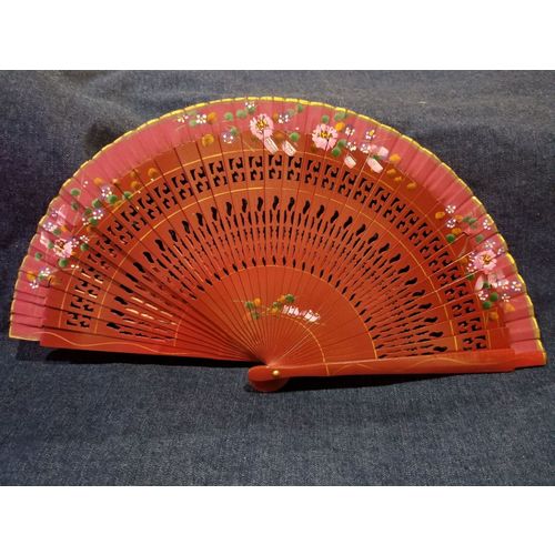 Wood Handpainted Hand Fan - Deep Burgundy with Pink flowers