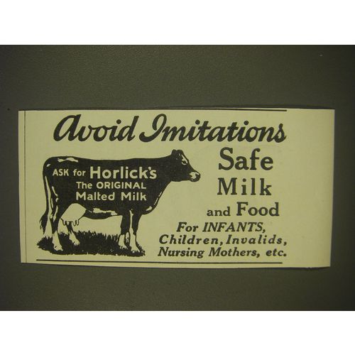 1926 Horlick's Malted Milk Ad - Avoid imitations safe milk and food