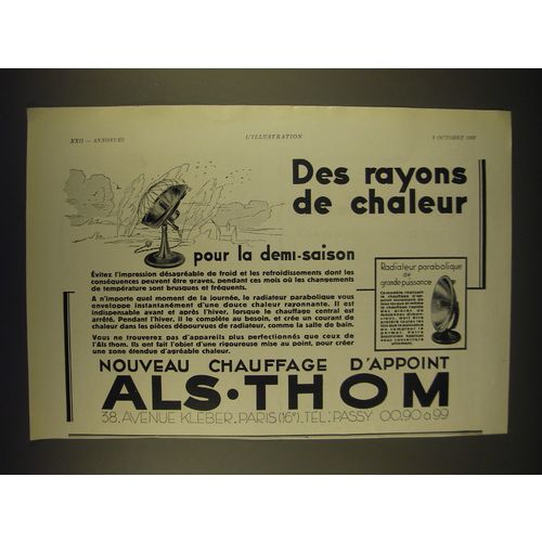 1932 Als-Thom Parabolic Heater Ad - in French - Des rayons de chaleur