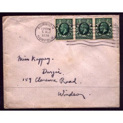 GB, 1936 0.5p George V, Scott #210 (SG439) strip of 3 on cover