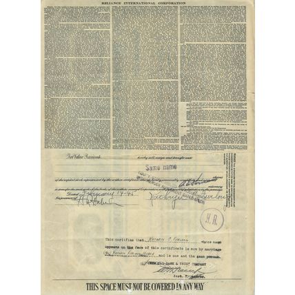 Reliance International Corporation 1 Share 1932 Stock/Share Certificate