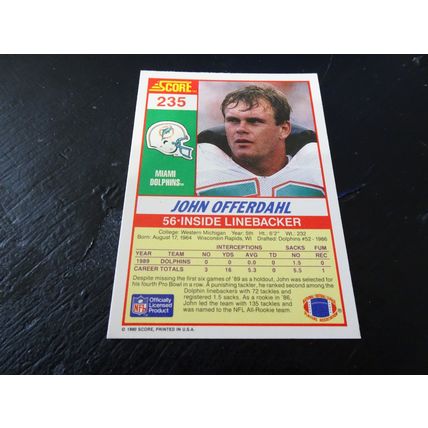 1990 Score Football Card # 235 John Offerdahl Excellent-Mint (6) Miami Dolphins