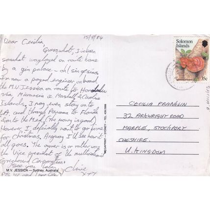 M.V.Jessica Sydney Australia Postcard posted 1984 creased