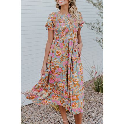 Sky Blue Floral Bubble Sleeve Smocked Flowy Ruffle Dress