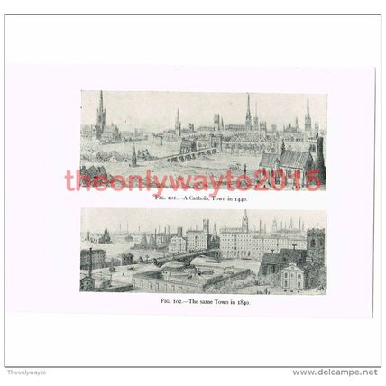 Catholic Town in 1440 & 1840, Book Illustration (Print), c1938