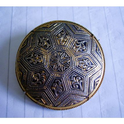 Vintage Brooch Damascene Black & Gold Victorian Target Geometric Toledo Pin