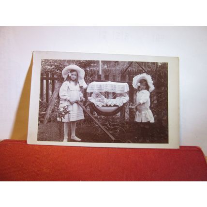 BONNETS, GIRLS, DOLLS, PRAM, MOWER unused antique postcard RP =