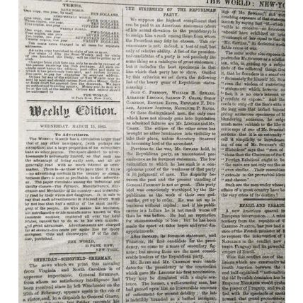 Civil War] The World, New York, March 15, 1865. Original complete issue
