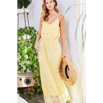 Women's Adjustable Shoulder Strap Button Down Contrast Lace Maxi Dress