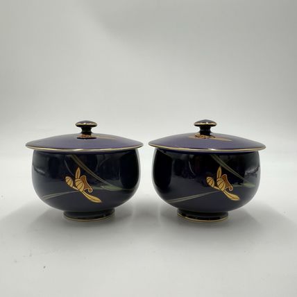 Arita Ware Retro Koransha Lapis Gold Tea Cups With Lid Blue Cobalt Porcelain
