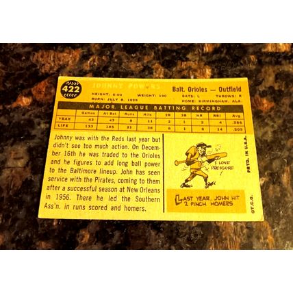 1960 Topps 422 Johnny Powers Baltimore Orioles Outfield 5.0 EX No Crease