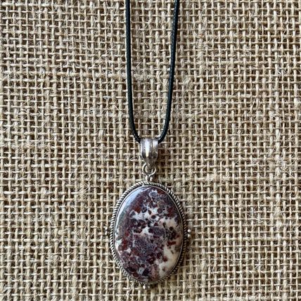 Red Brecciated Jasper Oval Pendant Necklace 925 Silver Adjustable Cord Chain 20"