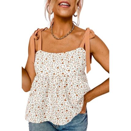 White Tied Shoulder Floral Print Babydoll Tank