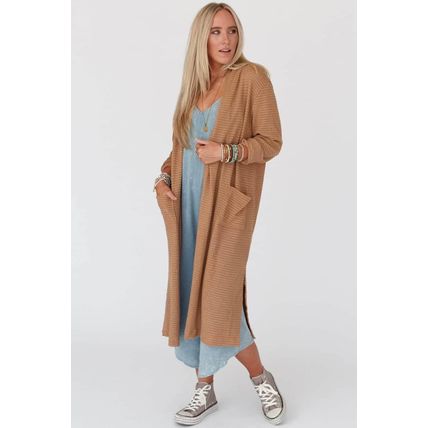 Chestnut Long Waffle Knit Cardigan with Pockets