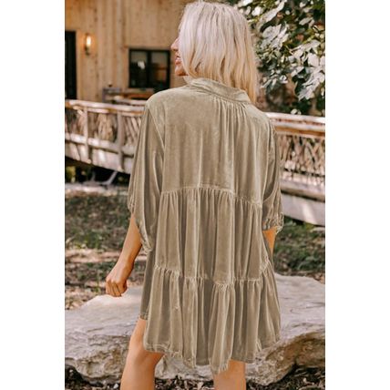 Pale Khaki 3/4 Sleeve Tunic Babydoll Velvet Shirt