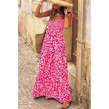 Pink Leopard Ruffle Straps Smocked High Waist Long Dress