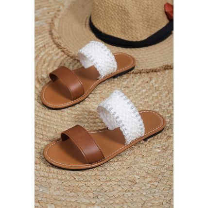 Chestnut Faux Leather Woven Strap Flat Slippers