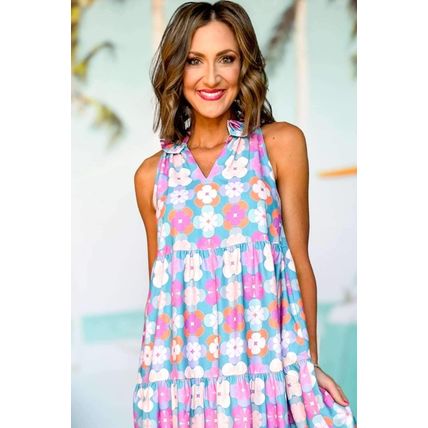 Sky Blue Floral Print Frilly Neck Sleeveless Tiered Maxi Dress