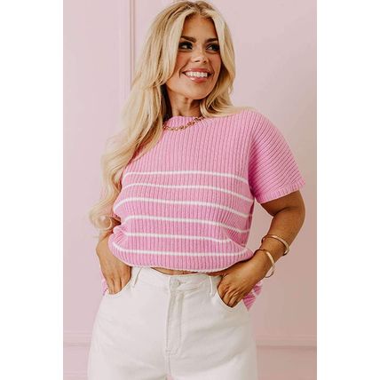 Pink Stripe Ribbed Loose Plus T Shirt
