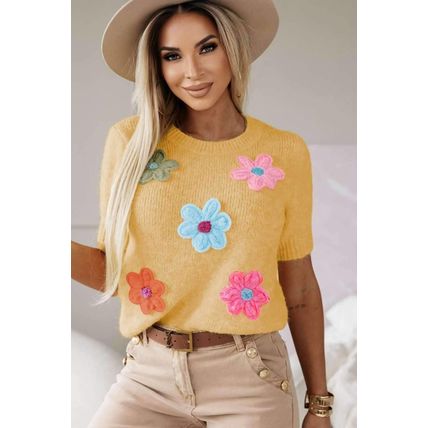 Yellow Cream Cute Flower Applique Short Sleeve Sweater