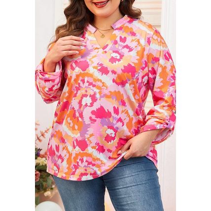 Pink Plus Size Abstract Floral Print V Neck Blouse