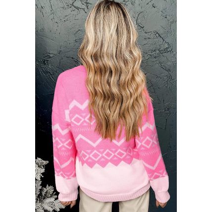 Pink Western Aztec Geometric Drop Shoulder Sweater
