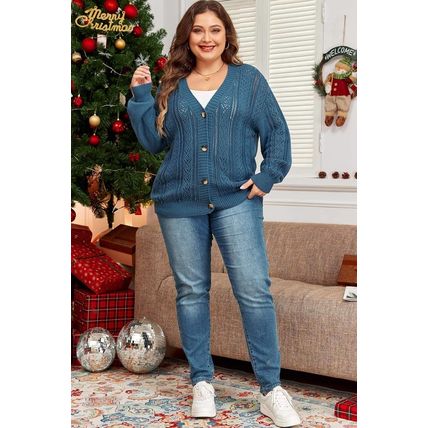 Real Teal Open Knit V Neck Button Front Drop Shoulder Plus Size Cardigan