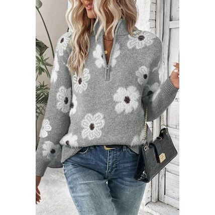 Gray Floral Pattern Half Zip Drop Shoulder Sweater