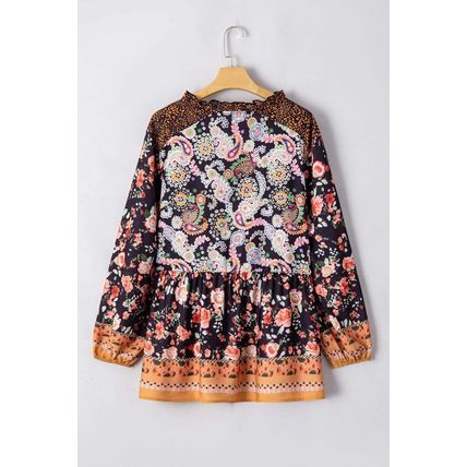 Black Plus Size Paisley Floral Print V Neck Bubble Sleeve Blouse
