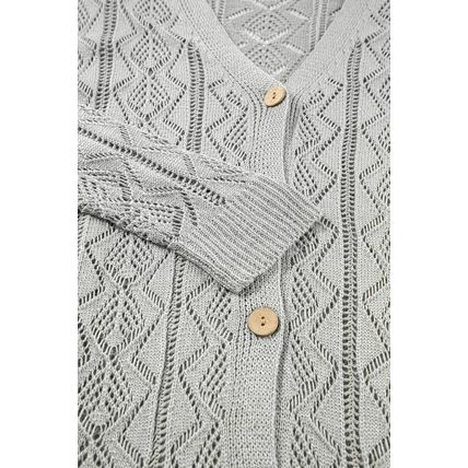 Gray Hollow Out Buttons Front Long Cardigan