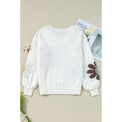 White Big Flower Pattern V Neck Drop Shoulder Sweater