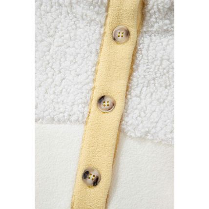 Beige Fleece Colorblock Trim Buttons Collar Sweatshirt with Pocket
