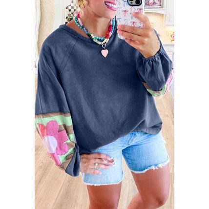 Sail Blue Flower Patchwork Raglan Sleeve Exposed Seam Oversized Top