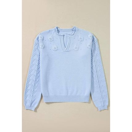 Beau Blue Flower Detail Knitted Notched Neck Sweater