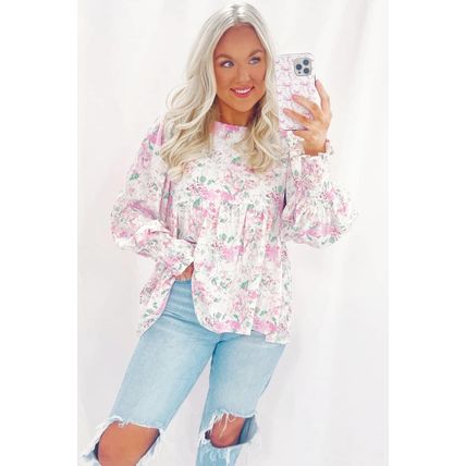 Pink Floral Print Shirred Balloon Sleeve Keyhole Back Babydoll Blouse