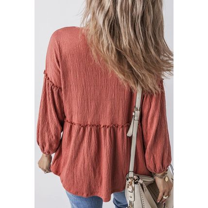 Mineral Red Solid Color Textured Frilled Trim V Neck Puff Sleeve Blouse