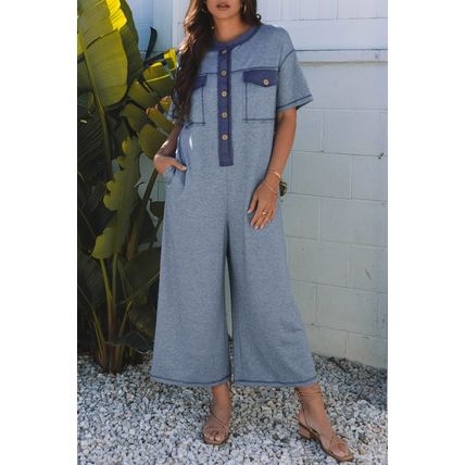Beau Blue Half Placket Chest Pockets Short Sleeve Wide Leg Jumpsuit