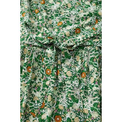Green Flower Print Flutter Sleeve V Neck Sashed Ruffled Mini Dress