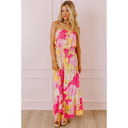 Multicolour Floral Print Ruffled High Waist Tube Top Loose Jumpsuit