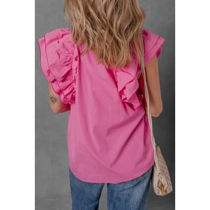 Sachet Pink Shirred Yoke Lace up V Neck Ruffled Sleeve Blouse