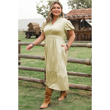 Laurel Green Notched V Neck Puff Sleeve Tiered Plus Size Maxi Dress