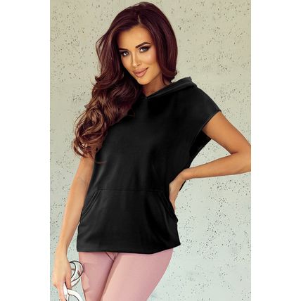 Black Solid Color Cap Sleeve Kangaroo Pocket Hoodie