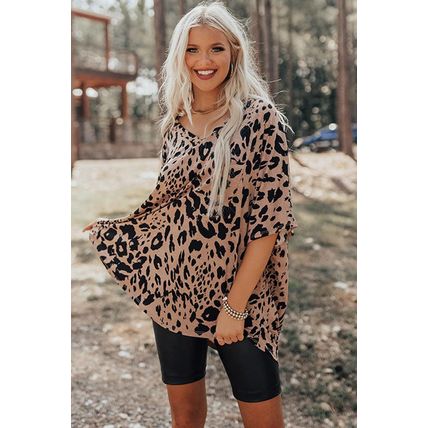 Brown Leopard Print V Neck Half Sleeve Oversized Tee