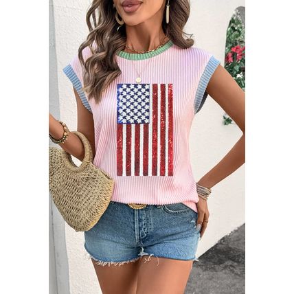 Pink Colorblock Edge Twisted Rib Texture Sequin American Flag Casual T Shirt