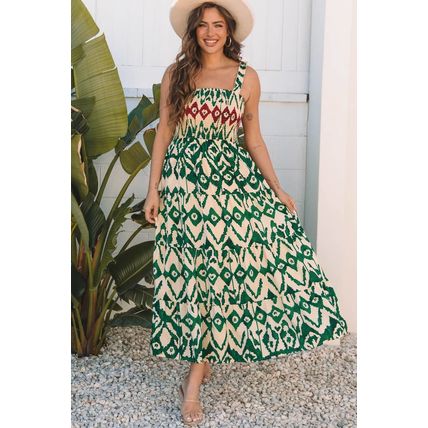 Green Western Aztec Shirred A-line Sleeveless Maxi Dress