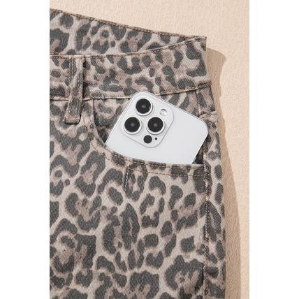 Brown Leopard Frayed Edge Wide Leg High Waist Jeans