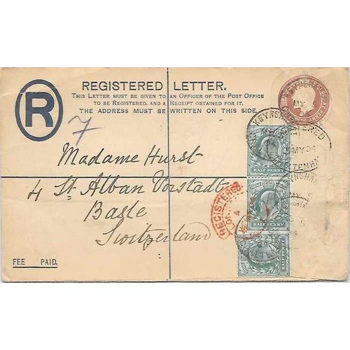 GB REGISTERED Postal Sta. uprated to Switzerland 1904