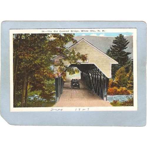 NH White Mountains Covered Bridge Postcard Covered Bridge w/Old Car World ~472